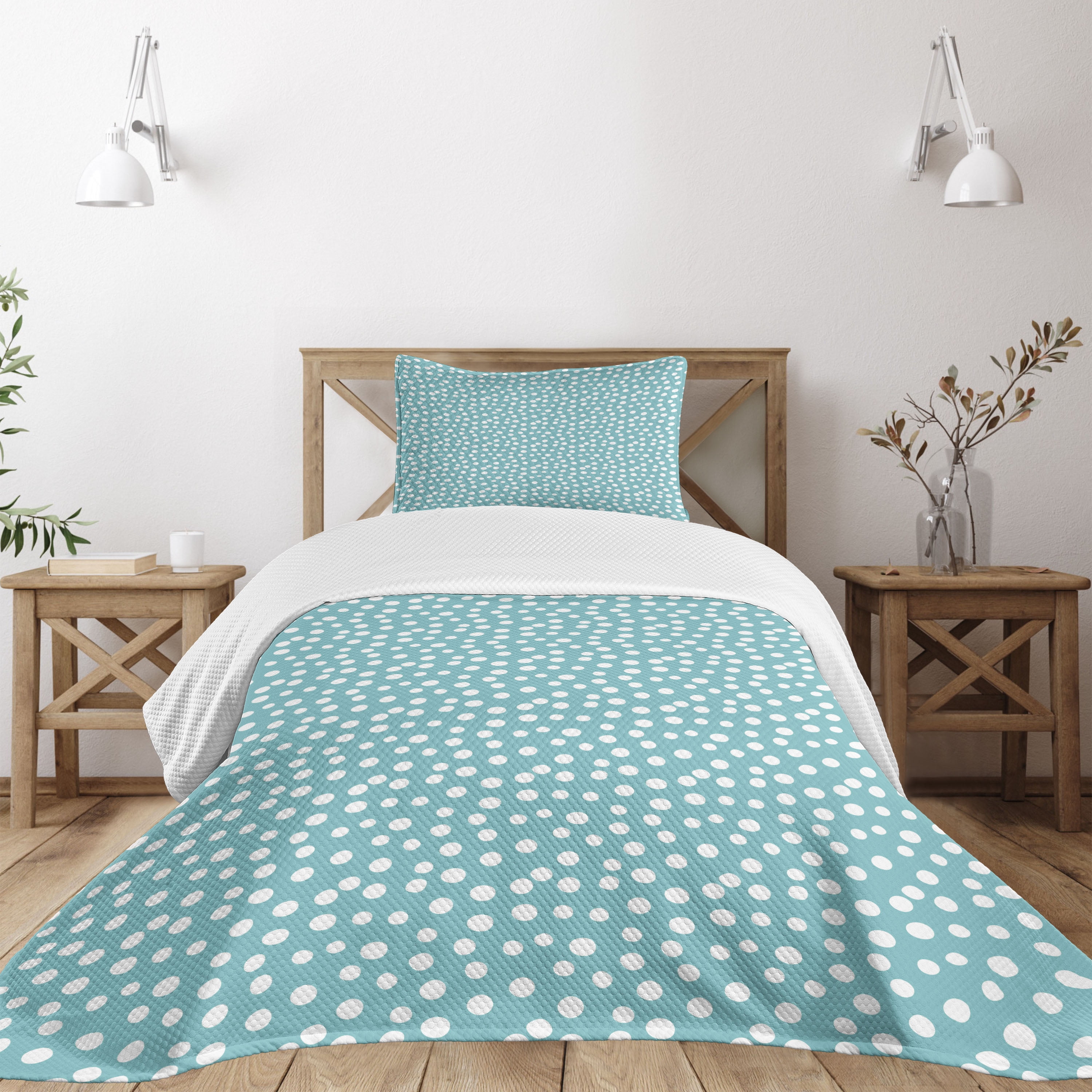 Twin White and Turquoise Polka Dot Quilted Bedspread Set