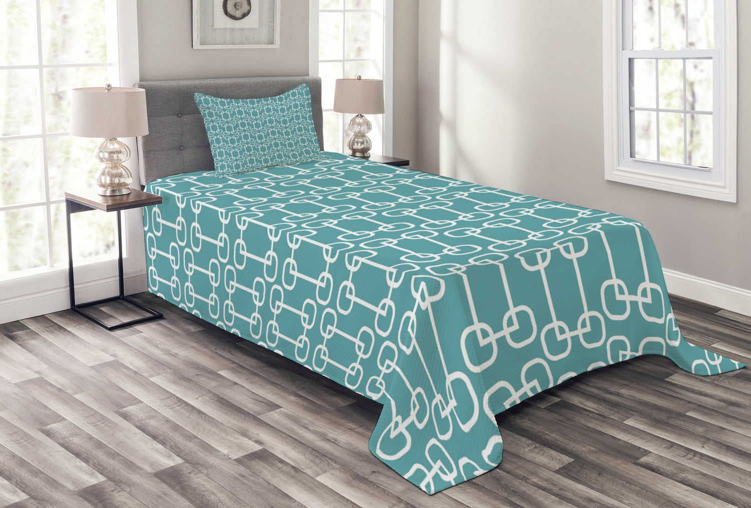Turquoise and White Twin Quilted Bedspread Set