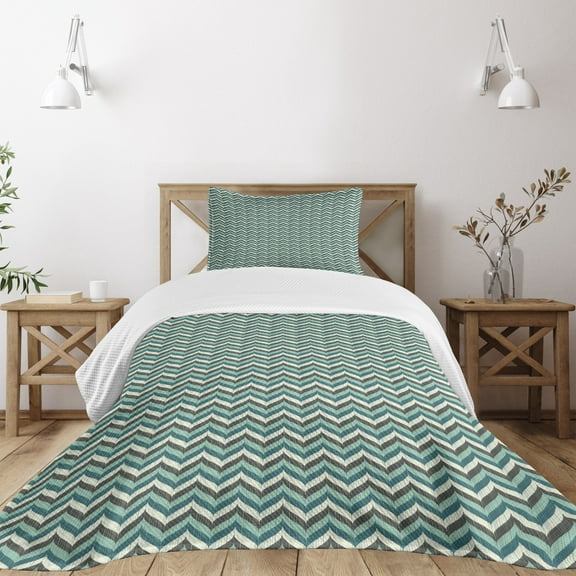 Ambesonne Turquoise Quilted Bedspread Set 2 Pcs, Striped Chevron Leaves, Twin Size, Multicolor