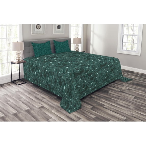 Ambesonne Turquoise Quilted Bedspread Set 3 Pcs, Baroque Inspired Foliage, Queen Size, Teal