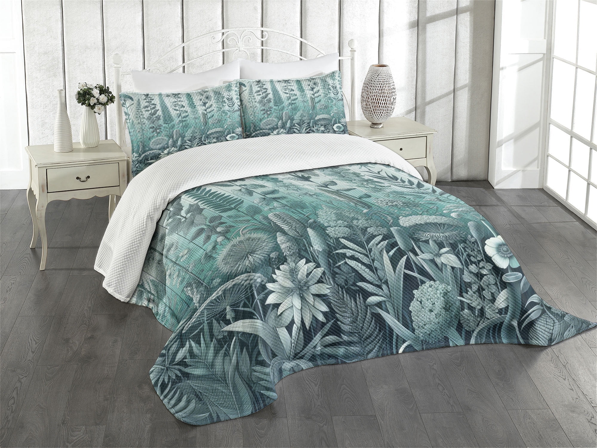 King Size Pale Teal Seafoam Quilted Bedspread Set