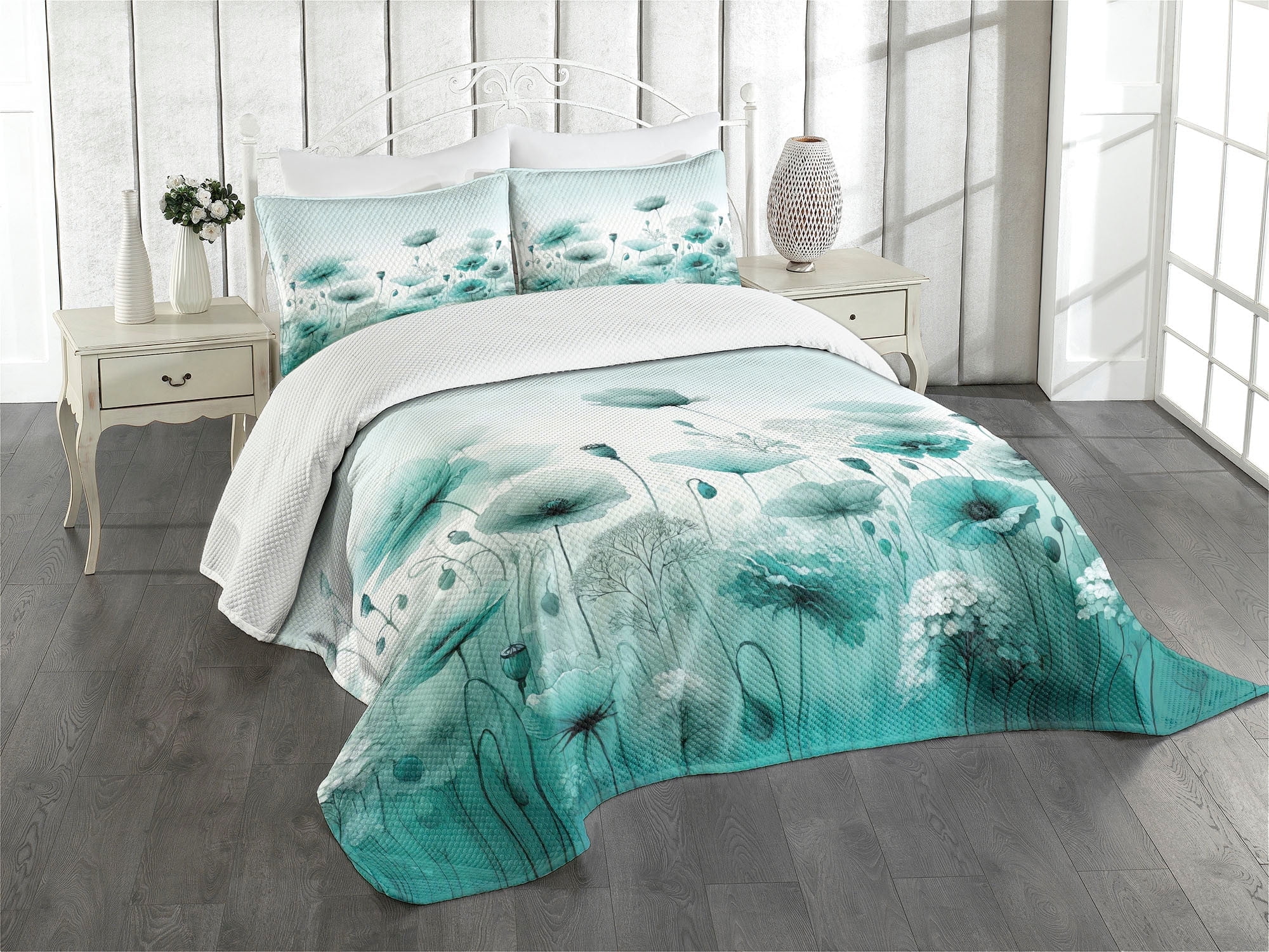 Mint Green and White Floral Queen Bedspread Set