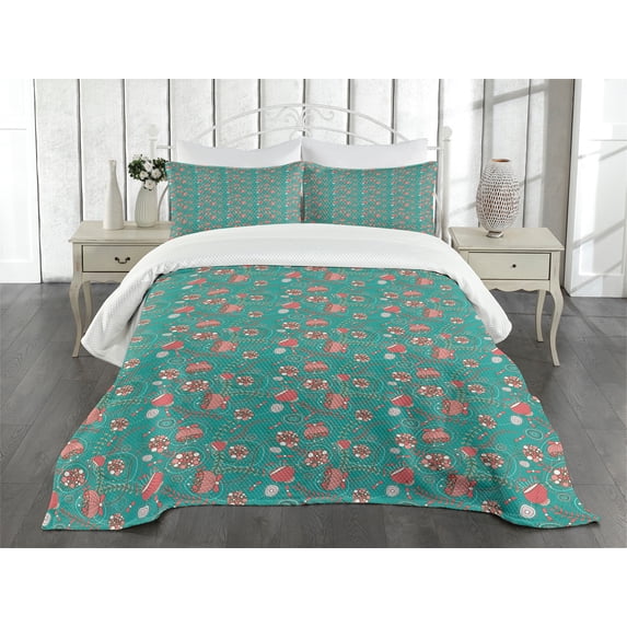 Ambesonne Turquoise Quilted Bedspread Set 3 Pcs, Circular Elements, Queen Size, Teal Coral