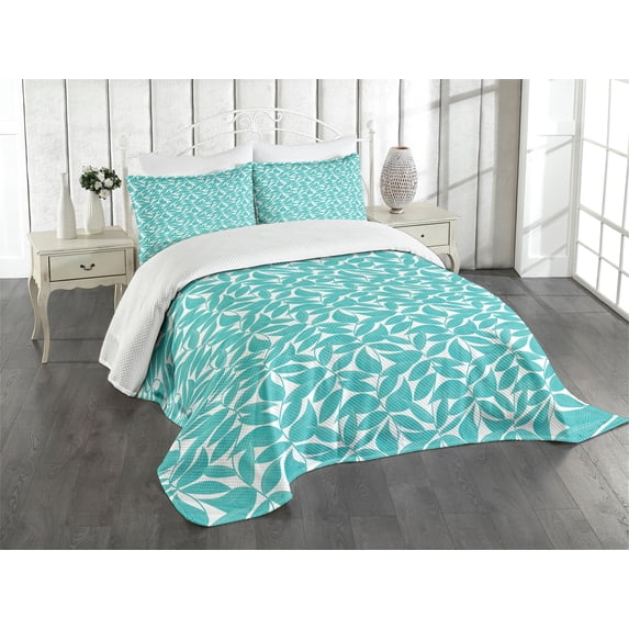 Ambesonne Turquoise Quilted Bedspread Set 3 Pcs, Foliage Leaves Lines, Queen Size, Turquoise White