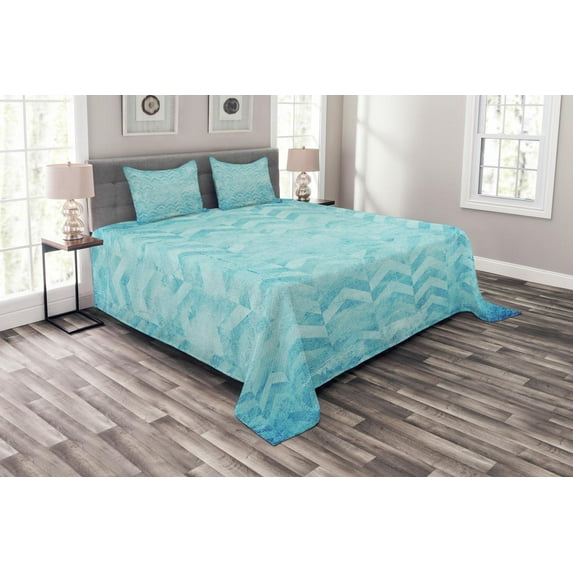 Ambesonne Turquoise Quilted Bedspread Set 3 Pcs, Geomeric Chevron Art, Queen Size, Turquoise