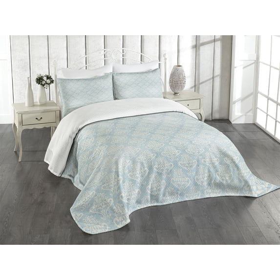 Ambesonne Turquoise Quilted Bedspread Set 3 Pcs, Medieval, King Size, Bluegrey Cream