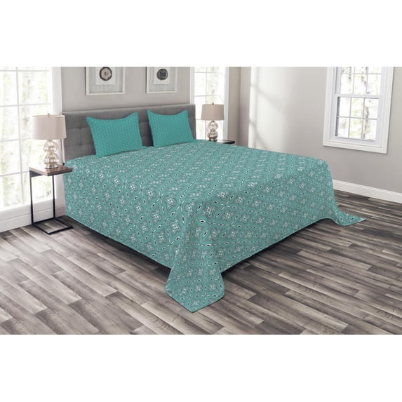 Ambesonne Turquoise Quilted Bedspread Set 3 Pcs, Moroccan Inspirations, King Size, Turquoise Dark Blue