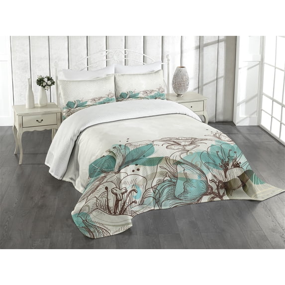 Ambesonne Turquoise Quilted Bedspread Set 3 Pcs, Retro Hibiscus Art, Queen Size, Beige Teal
