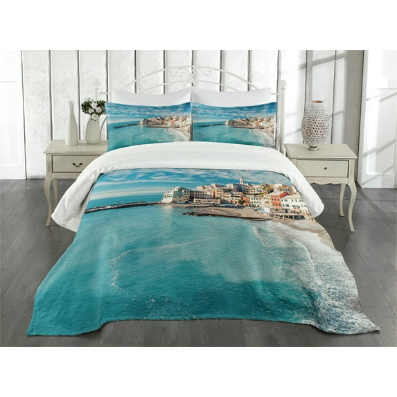 Ambesonne Turquoise Quilted Bedspread Set 3 Pcs, Seascape Ocean Coast, Queen Size, Turquoise