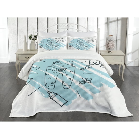 Ambesonne Turquoise Quilted Bedspread Set 3 Pcs, Sketchy Ornaments Lines, Queen Size, Turquoise