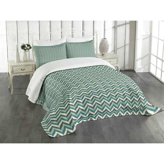 Ambesonne Turquoise Quilted Bedspread Set 3 Pcs, Striped Chevron Leaves, Queen Size, Multicolor