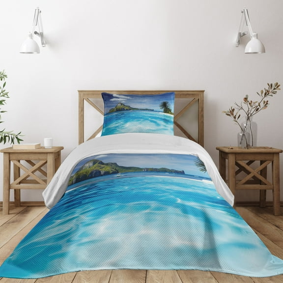 Ambesonne Turquoise Quilted Coverlet 2 Pcs, Ocean Mountain Palms, Twin Size, Turquoise Green