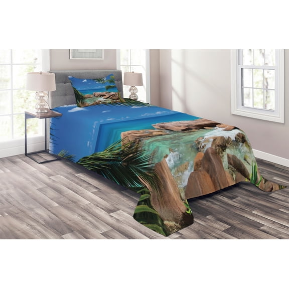 Ambesonne Turquoise Quilted Coverlet 2 Pcs, Palm Tree Coastline, Twin Size, Turquoise