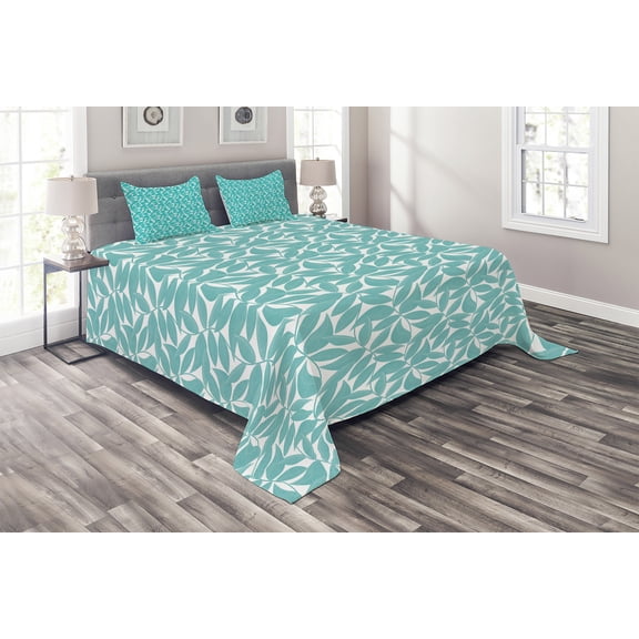 Ambesonne Turquoise Quilted Coverlet 3 Pcs, Foliage Leaves Lines, King Size, Turquoise White