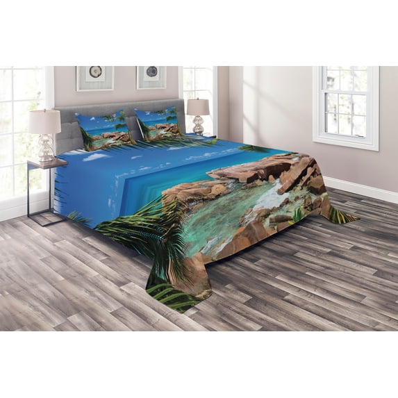 Ambesonne Turquoise Quilted Coverlet 3 Pcs, Palm Tree Coastline, King Size, Turquoise