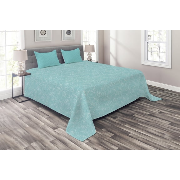 Ambesonne Turquoise Quilted Coverlet 3 Pcs, Sea Inspired Lines, Queen Size, Pale Blue White