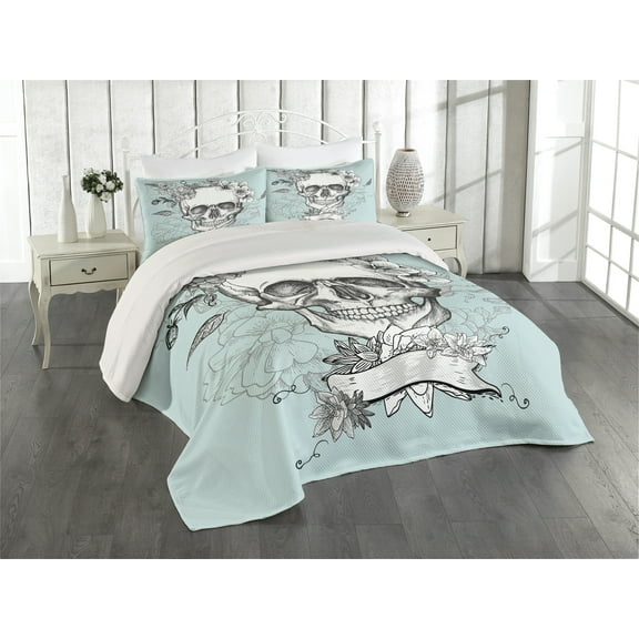 Ambesonne Turquoise Quilted Coverlet 3 Pcs, Skull and Flowers, King Size, Turquoise White