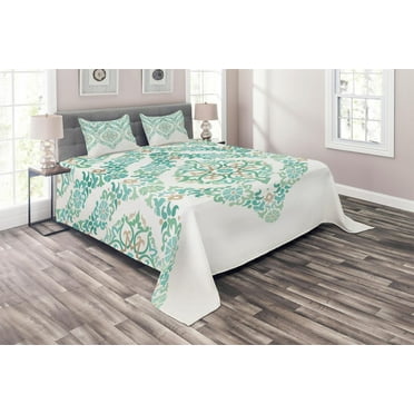 Ambesonne Turquoise Quilted Coverlet 3 Pcs, Vintage Floral Boho, Queen Size, Green Tan