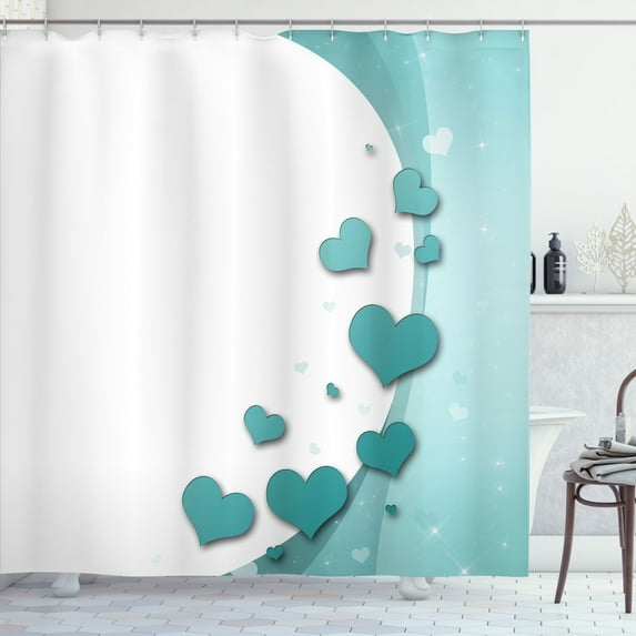 Ambesonne Turquoise Shower Curtain, Hearts Valentines, 69"Wx75"L, Turquoise White Teal