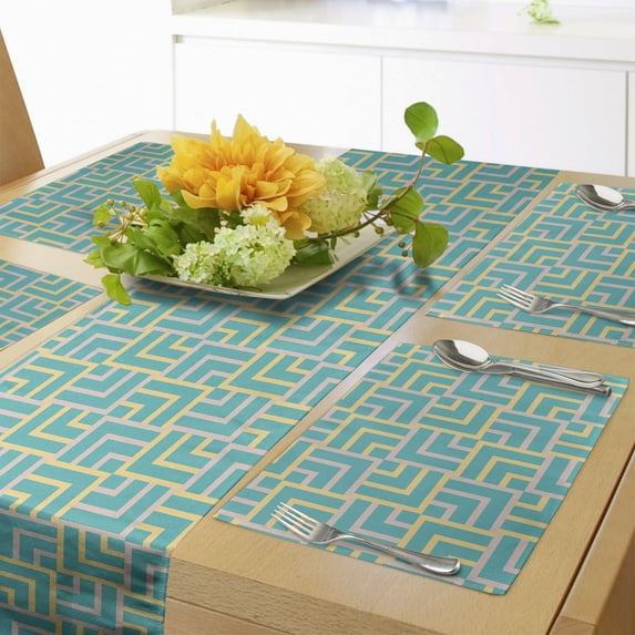 Ambesonne Turquoise Table Runner & Placemats, Art Deco Square Lines, Placemat 4 pcs + Runner 14"x72", Turquoise Yellow