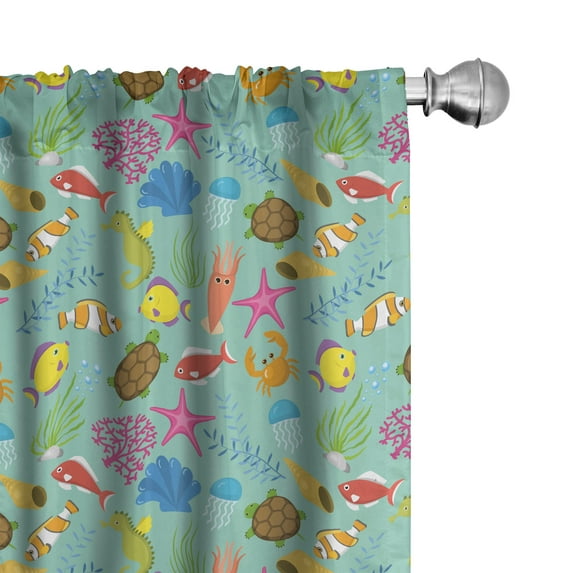 Ambesonne Turtle Window Curtains, Colorful Sea Elements Scene, Each 28" W x 84" L, Seafoam and Multicolor