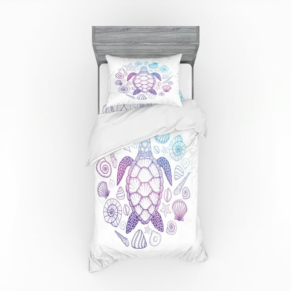 Ambesonne Turtle Bedding Set 3 Pcs, Colorful Marine Animals, Twin, Aqua Pink and Violet