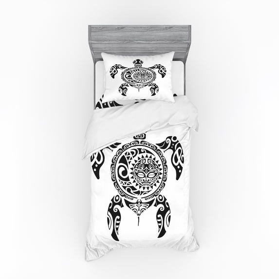 Ambesonne Turtle Bedding Set 3 Pcs, Hawaiian Maori Animal, Twin XL, White and Black