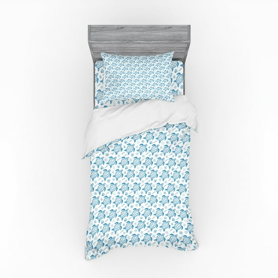 Ambesonne Turtle Bedding Set 3 Pcs, Underwater Fauna Motif, Twin XL, Blue and White