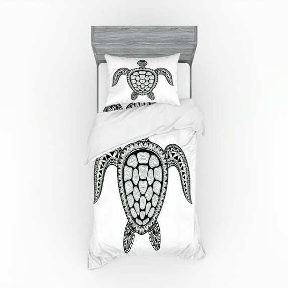 Ambesonne Turtle Bedding Set 3 Pcs, Zentangle Doodle Motifs, Twin, Black Grey and White