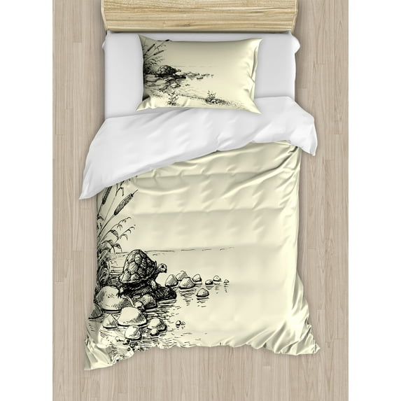 Ambesonne Turtle Duvet Cover Sets, Animal in Branches Design, 2-Twin, Cream and Charcoal Grey