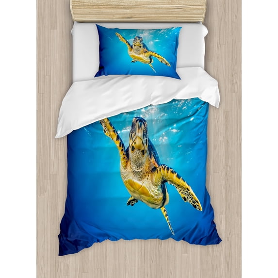 Ambesonne Turtle Duvet Cover Sets, Blue Waters Swimming, 2-Twin, Blue Yellow Dark Brown