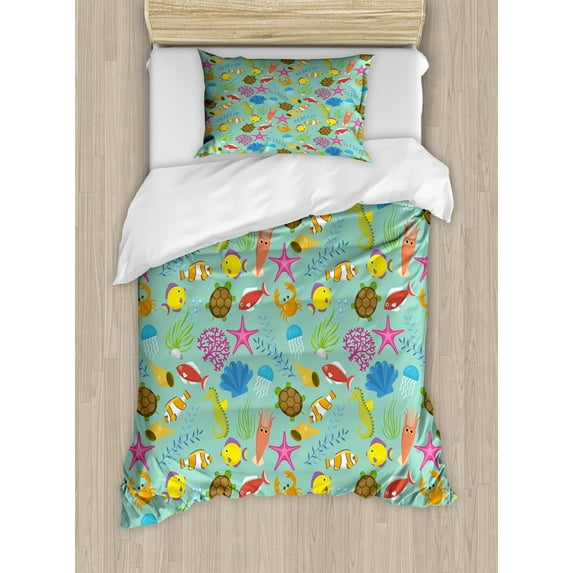 Ambesonne Turtle Duvet Cover Sets, Colorful Sea Elements Scene, 2-Twin, Seafoam and Multicolor