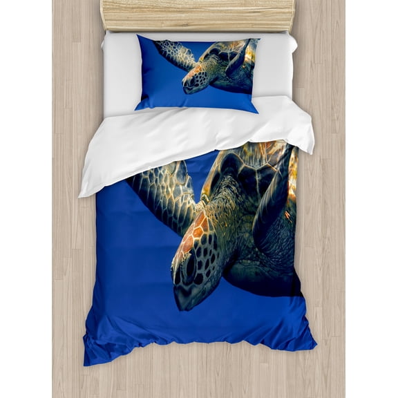 Ambesonne Turtle Duvet Cover Sets, Sea Animal Swimming, 2-Twin, Blue Yellow