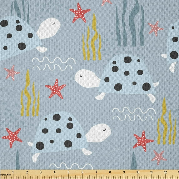 Ambesonne Turtle Fabric by the Yard Microfiber, Tortoises Lines Seaweeds, 10 Yards, Pale Purpleblue and Salmon