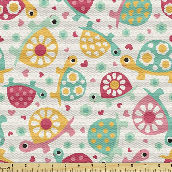 Ambesonne Turtle Fabric by the Yard Upholstery, Hippie Floral Feel Animals, 5 Yards, Multicolor