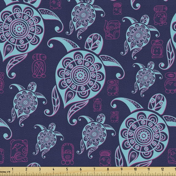 Ambesonne Turtle Fabric by the Yard Upholstery, Nautical Animals Maya, 5 Yards, Purple Magenta and Aqua