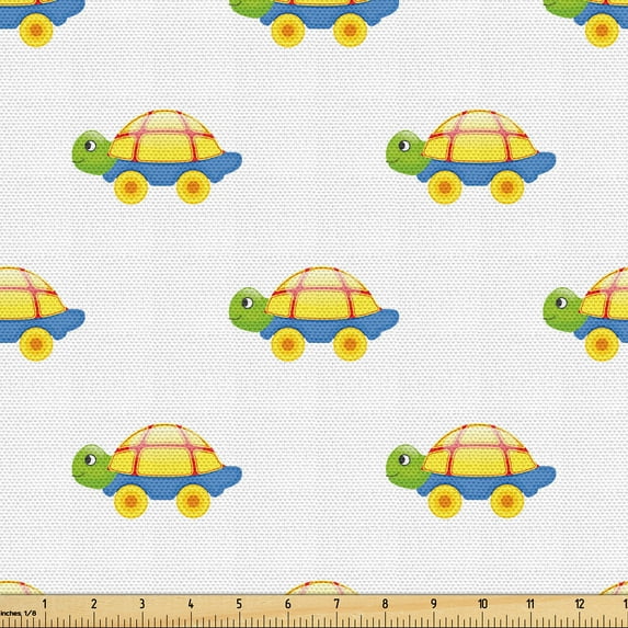 Ambesonne Turtle Fabric by the Yard Upholstery, Repeated Animal on Wheels, 10 Yards, Yellow Green and Blue