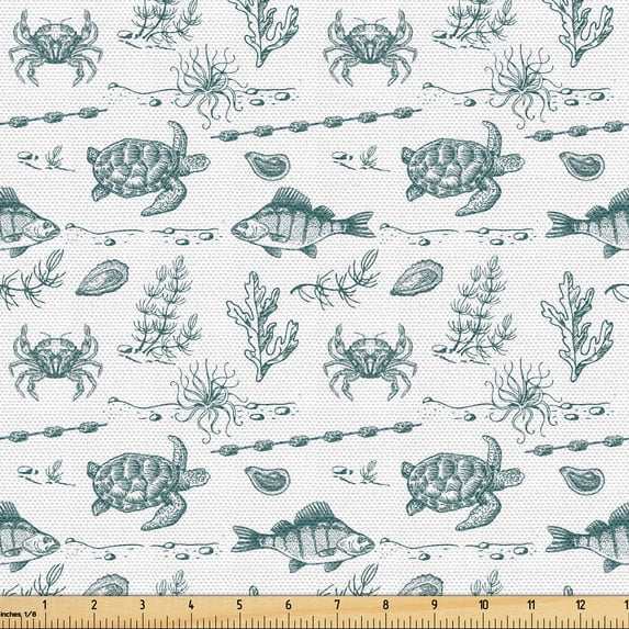 Ambesonne Turtle Fabric by the Yard Upholstery, Sketch Style Fishes Crabs, 2 Yards, Jade Green White and Grey