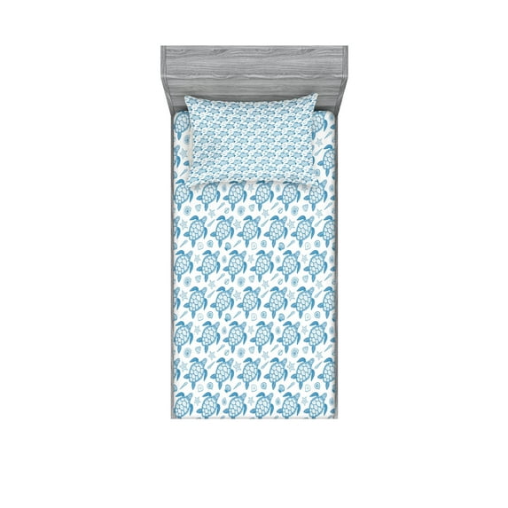 Ambesonne Turtle Fitted Sheet & Pillow Sham Set, Underwater Fauna Motif, Twinxl, Blue and White