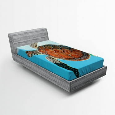 Ambesonne Turtle Fitted Sheet, Sea Animal Caribbean, Twin Size, Turquoise Cinnamon