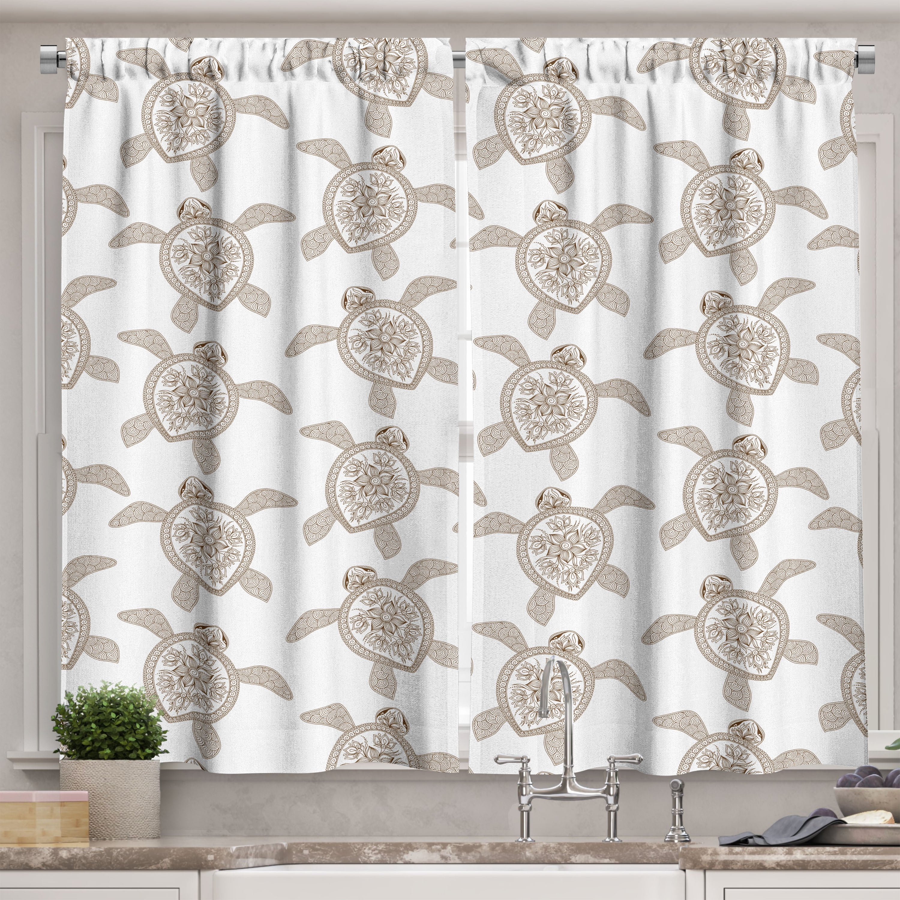 Ambesonne Turtle Kitchen Curtains, Animal Along Floral Drawings, 55