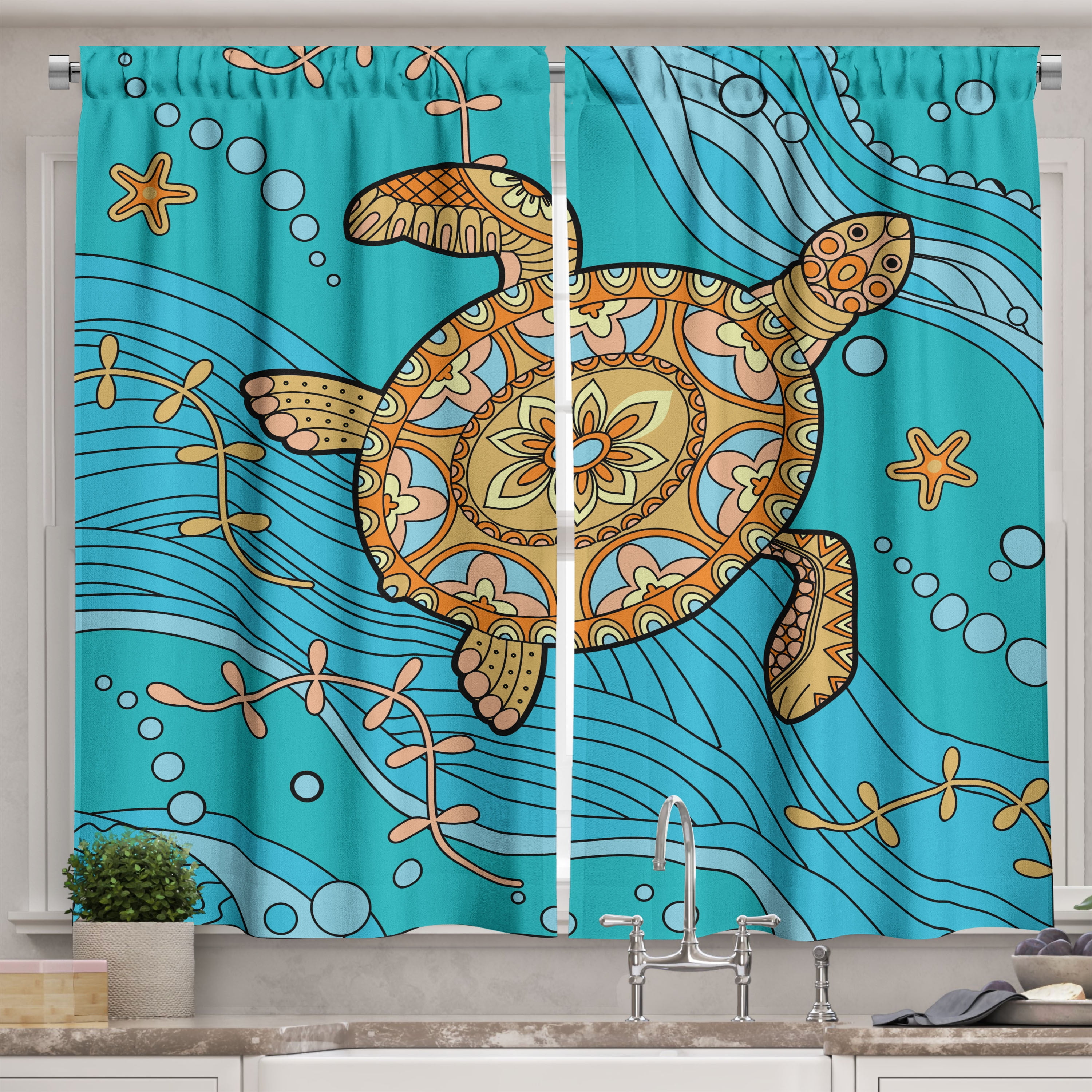 Ambesonne Turtle Kitchen Curtains, Doodle Water, 55