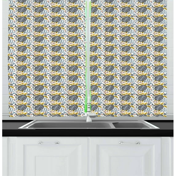 Ambesonne Turtle Kitchen Curtains, Hand Drawn Ocean Fauna, 55"x39", Multicolor