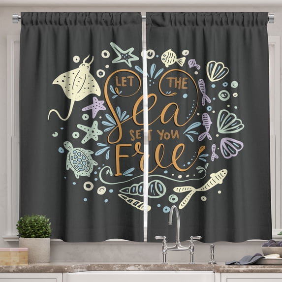Ambesonne Turtle Kitchen Curtains, Let the Sea Set You Free, 55"x39", Multicolor