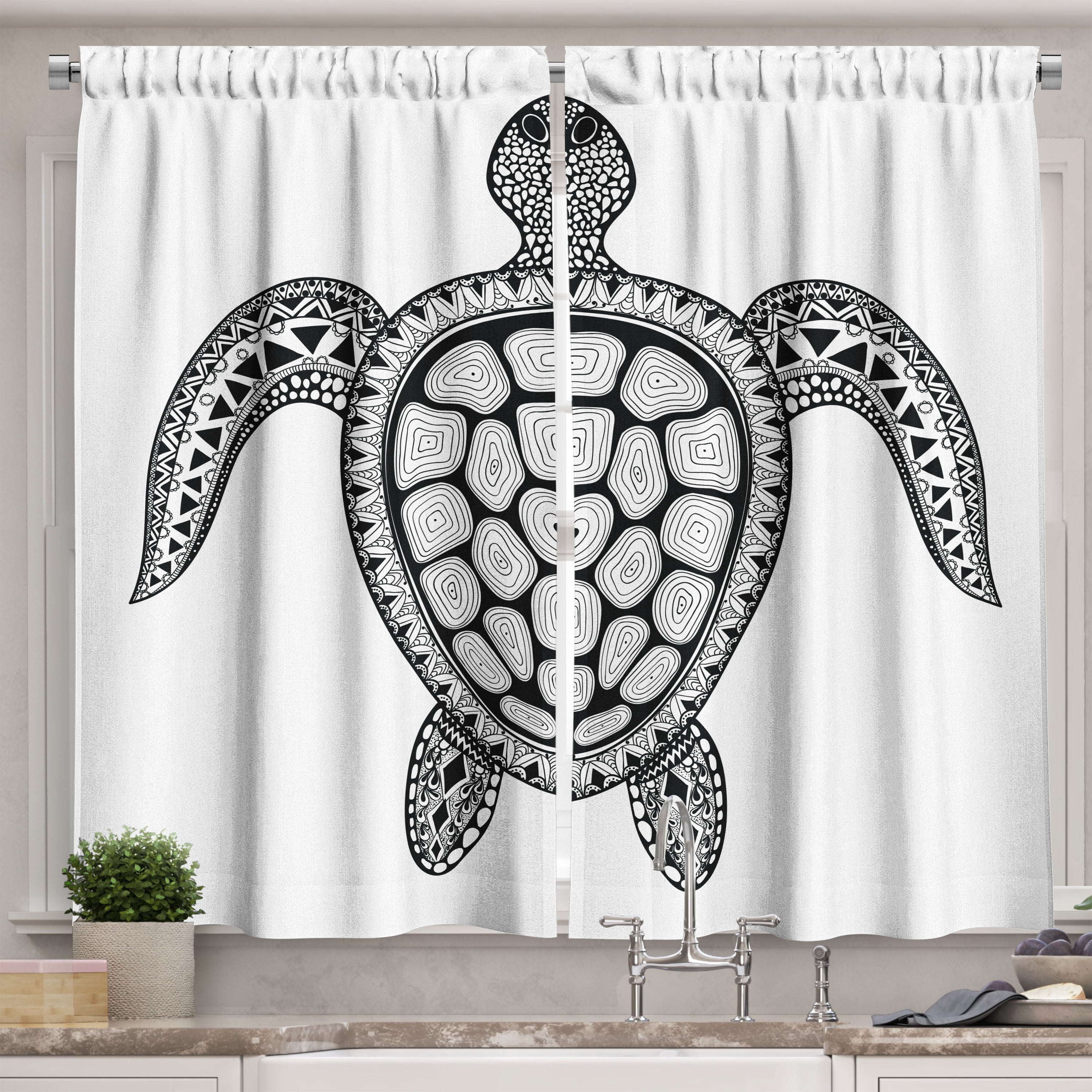 Turtle Kitchen Accessory Ambesonne Turtle Kitchen Curtains, Zentangle Doodle Motifs, 55