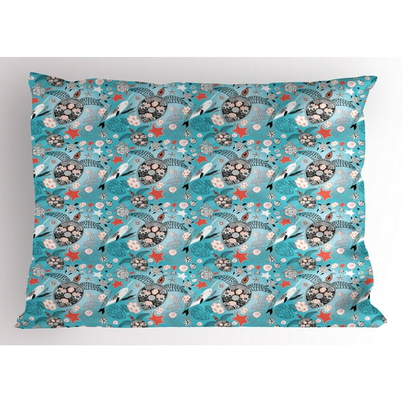 Ambesonne Turtle Pillow Sham, Jellyfish and Narwhal, 26" X 20", Multicolor