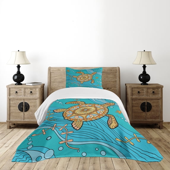 Ambesonne Turtle Quilted Bedspread Set 2 Pcs, Doodle Water, Twin Size, Turquoise