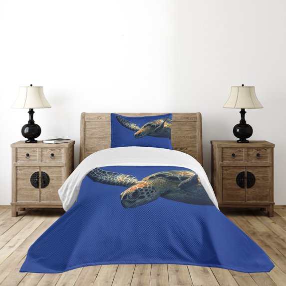 Ambesonne Turtle Quilted Bedspread Set 2 Pcs, Sea Animal Swimming, Twin Size, Blue Yellow