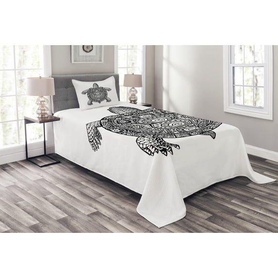 Ambesonne Turtle Quilted Bedspread Set 2 Pcs, Tribal Art on Tortoise, Twin Size, Black and White