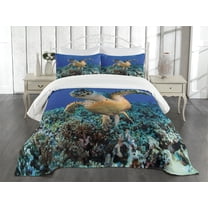 Ambesonne Turtle Quilted Bedspread Set 3 Pcs, Cheloniidae Deep Ocean, Queen Size, Violet Blue Pale Brown